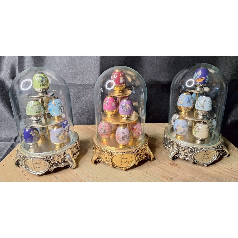 House of Faberge Garden of Jewels Egg Collection Set of 3 Amethyst Ruby & Opal